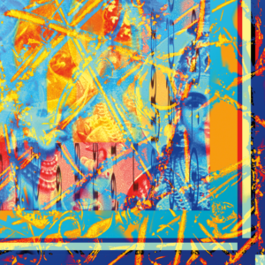 Image shows art work one by Aharani, in lots of orange and blue colours.
