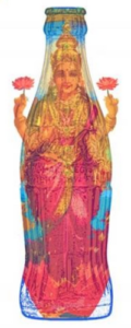 Image shows one of Aharani's art works, in blue, orange and orange.