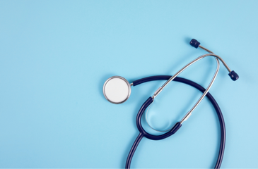 Image shows a blue background with a dark blue stethoscope.