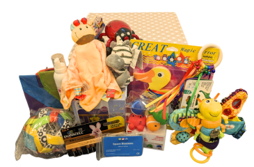 Image shows multisensory toypack - a range of different toys for the daytime, bedtime and bath time.