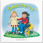 Image shows the front cover of SMA UK's book called Smasheroo. It's a cartoon drawing of two children, a girl and a boy who has SMA and is in a wheelchair.