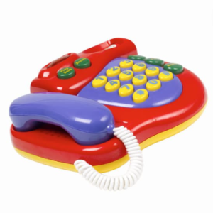 Image shows red and purple toy telephone with yellow buttons.