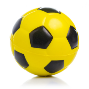 Image shows a black and yellow toy football.