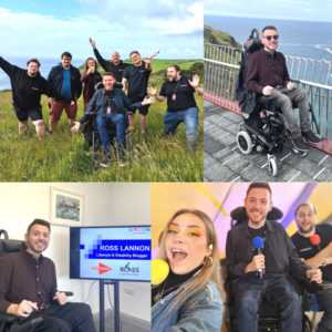 Image shows a photo montage of a young man who has SMA, in his wheelchair, with friends and colleagues.