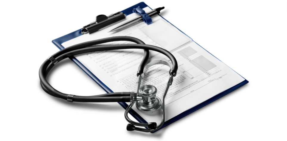 Image shows a stethoscope on top of a blue clipboard.