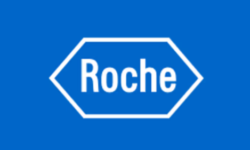 Image shows the Roche logo in white on a dark blue background.