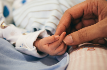 Image shows parent / carer's hand holding a baby's hand.