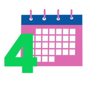Image shows a green number four in front of a pink and blue calendar.