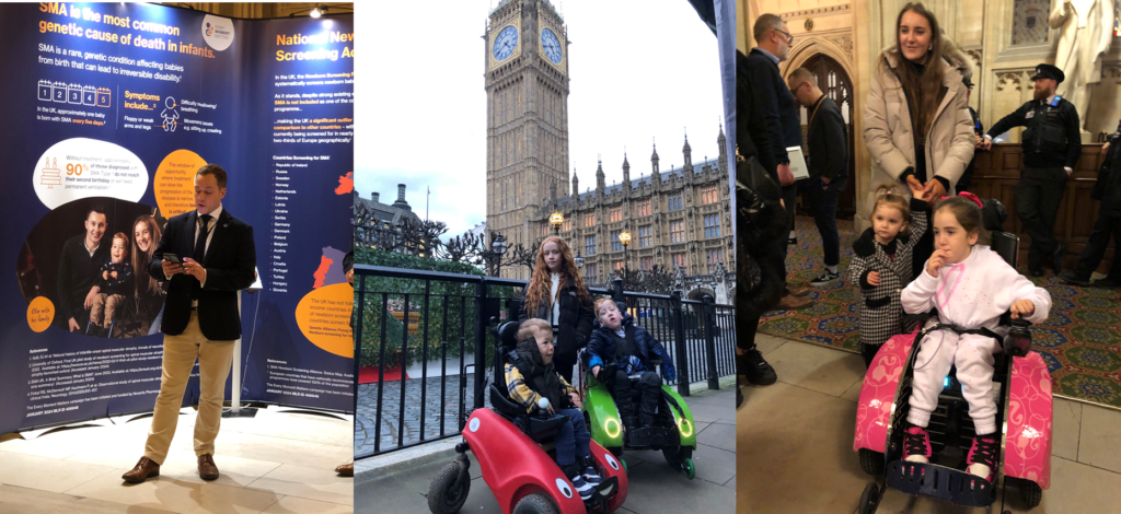 Image shows Giles, CEO, and two families of children who have SMA in their wheelchairs