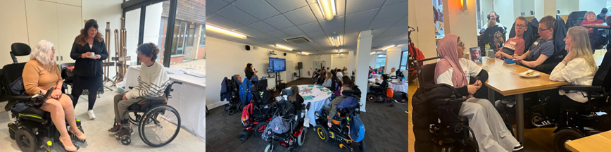 Three photos from the Moving Forward event showing groups of young people chatting and listening to speakers